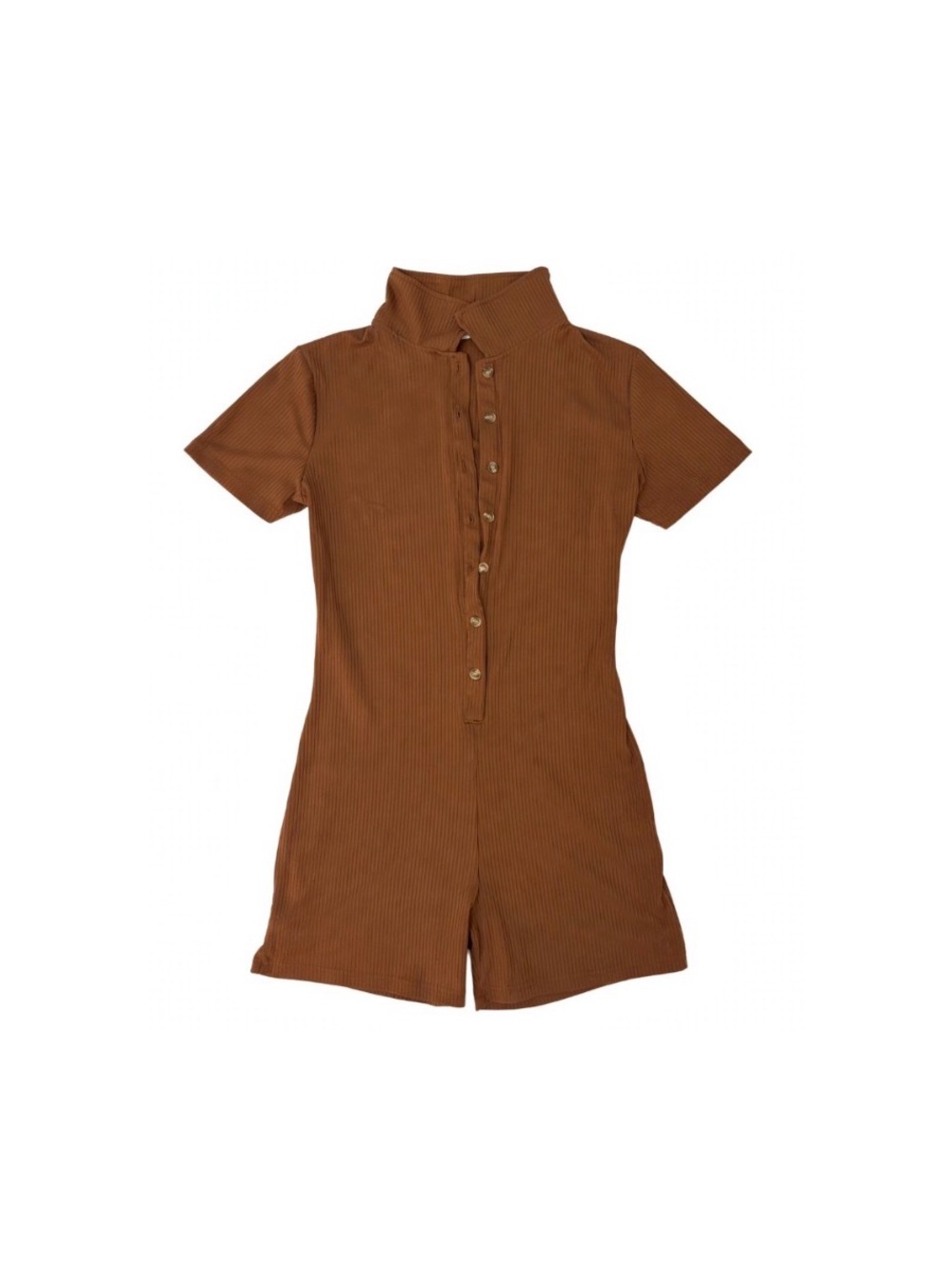 Brown Ribbed Button Front Short-Romper Mock Neck Jumpsuit Size M